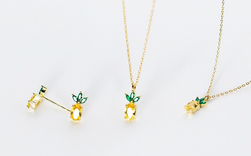 Gold Pinapple Stud Earrings, CZ Stone Stud, Pinapple Pandent Chain Necklace