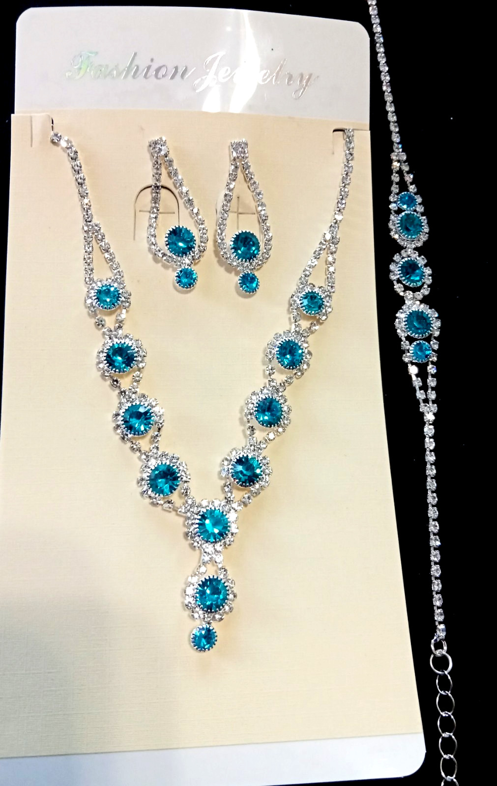 Bridal 4 Pc Aqua Rhinestone Boho Wide Statement Bracelet Necklace Earrings