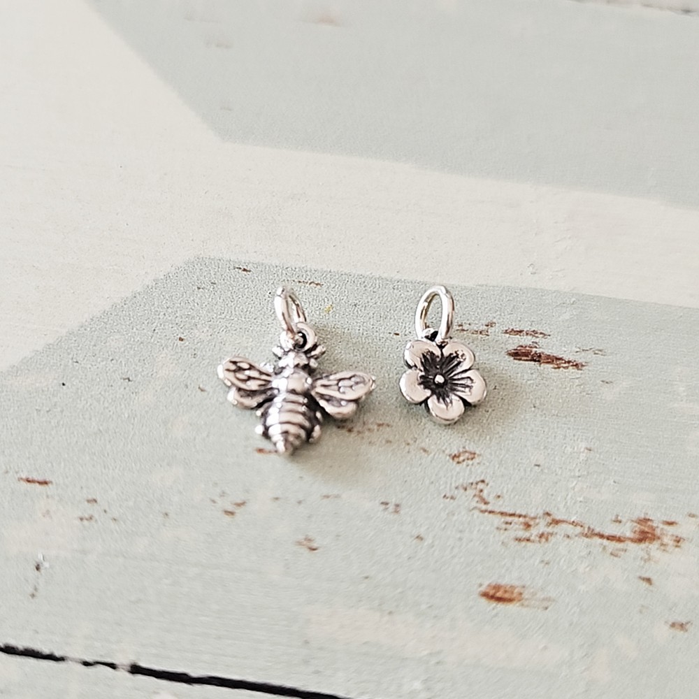 Bumble Bee Charm Sterling Silver Necklace with Flower Charm Necklace