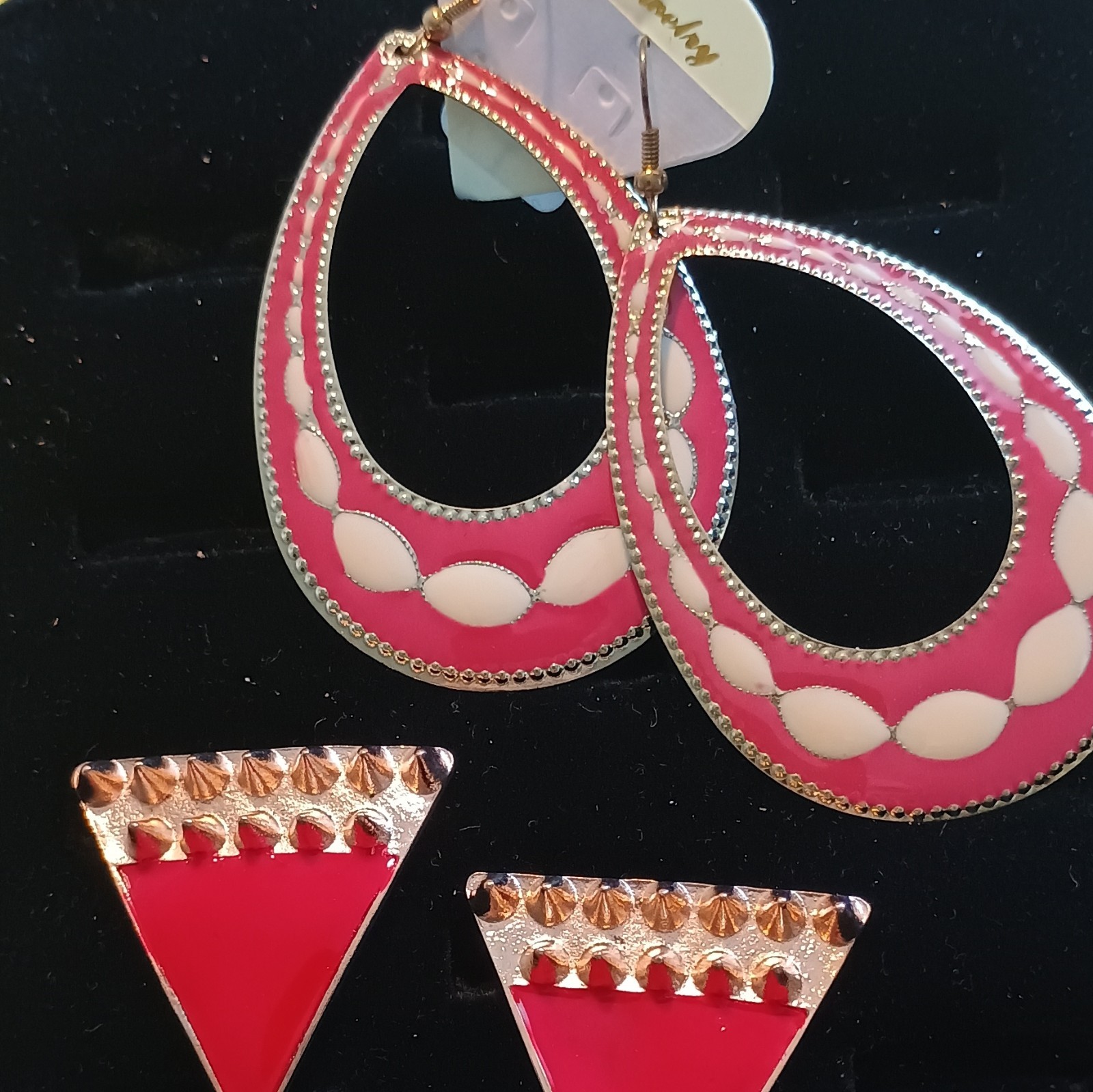 1 Pink & White Enamel Teardrop And 1 Red Enamel Earrings. Both For $9