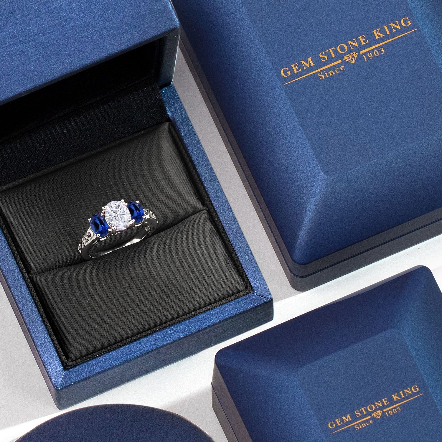 925 Sterling Silver White Moissanite and Created Sapphire Filigree Style 3