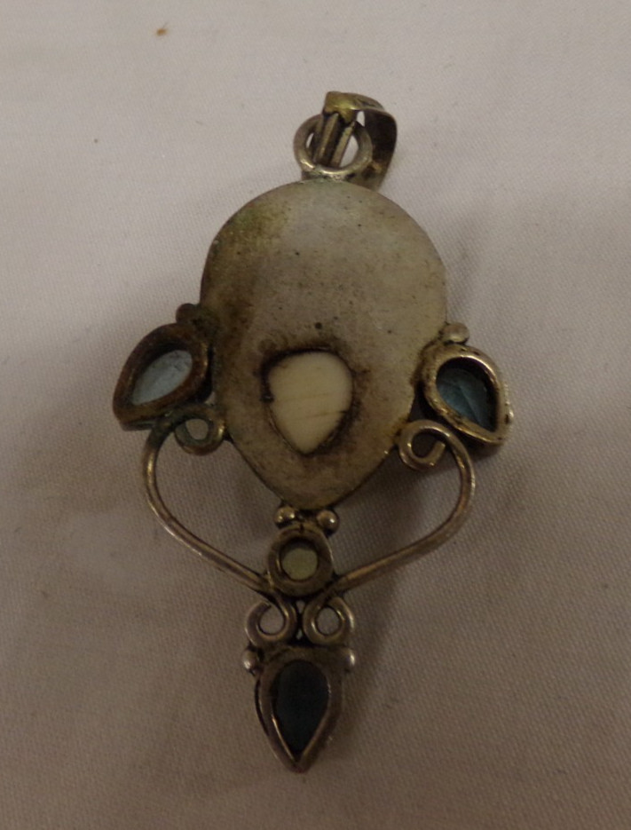 SAJEN Goddess Carved Silver Necklace Pendant With Blue Topaz Stones Unsigned