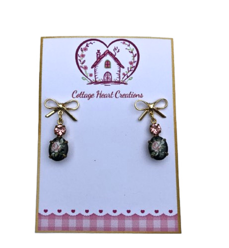 Vintage Style 18K Gold Plated Bow Black Pink Rose Crystal Drop Earrings Romantic