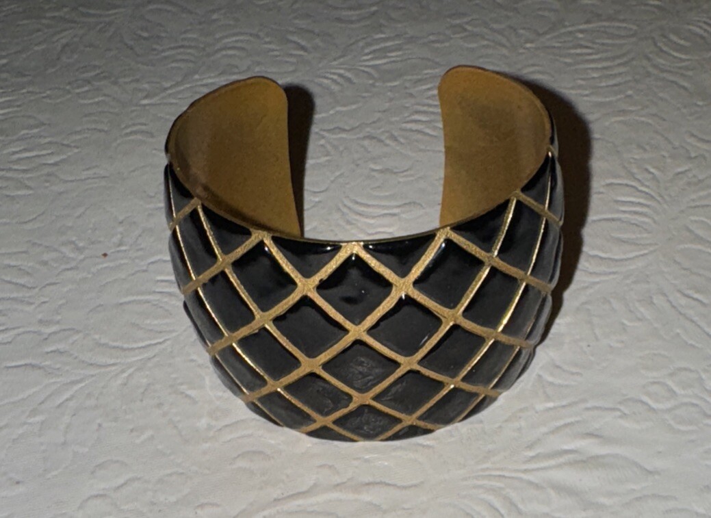 Wimberly Cuff Bracelet Quilted Enamel Black Gold Crosshatch Fortunoff New Vtg