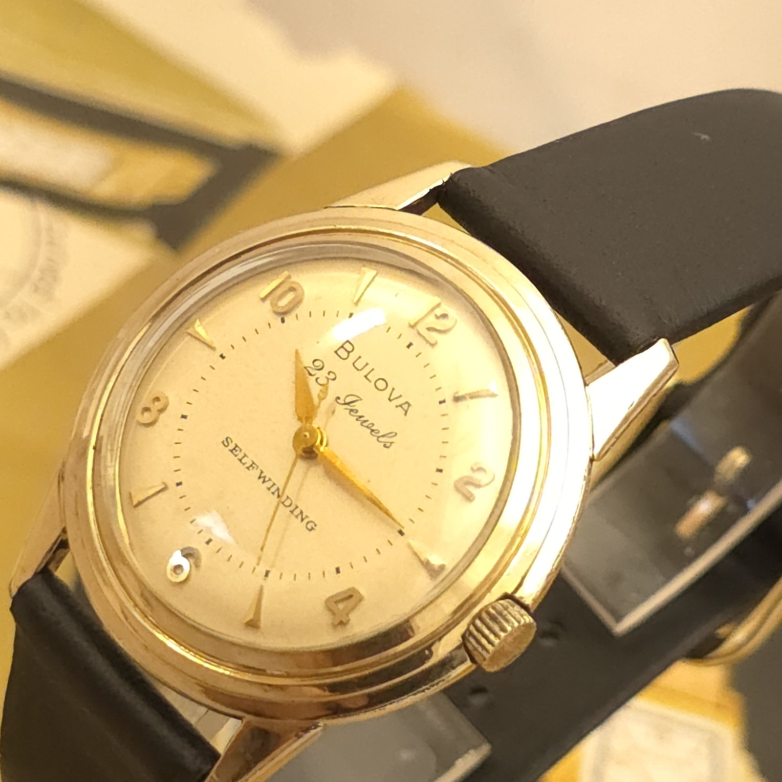 TW7 23j SHARP 1956 UFO BULOVA FLYING SAUCER SELF WIND 14k GOLD FILLED SS RUNS A+