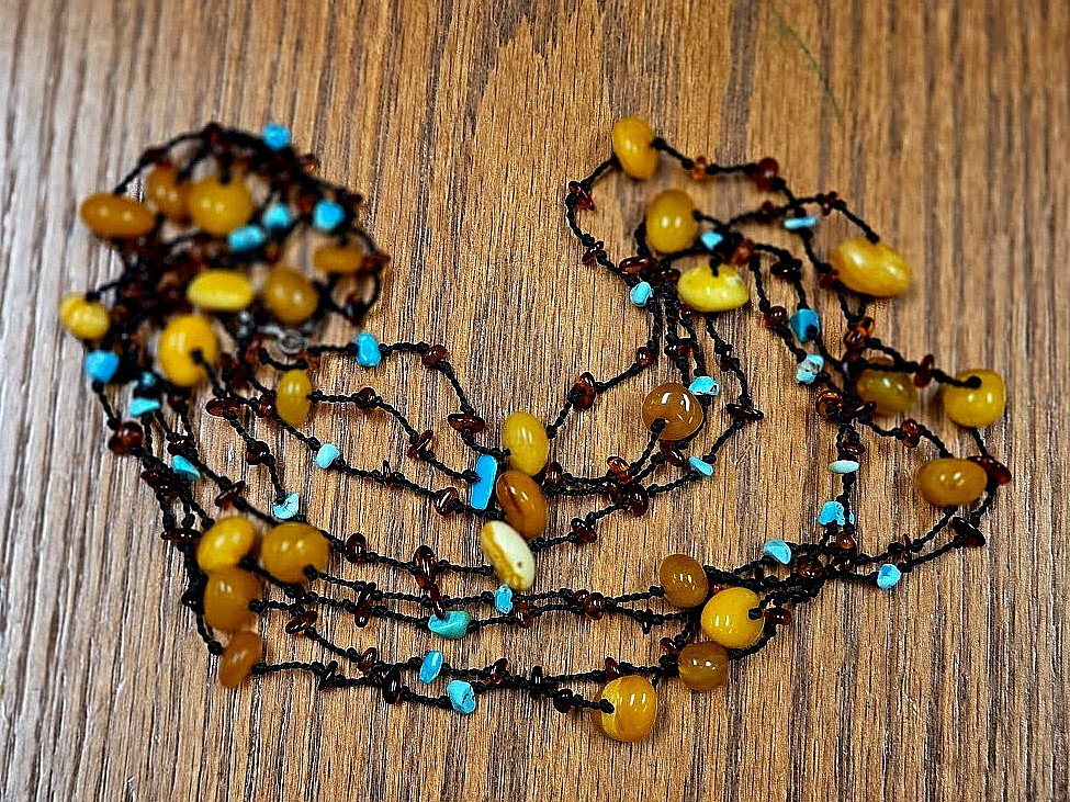 Artisan Genuine Amber Turquoise 84″ Beaded Necklace Multi Strand Knotted Cord