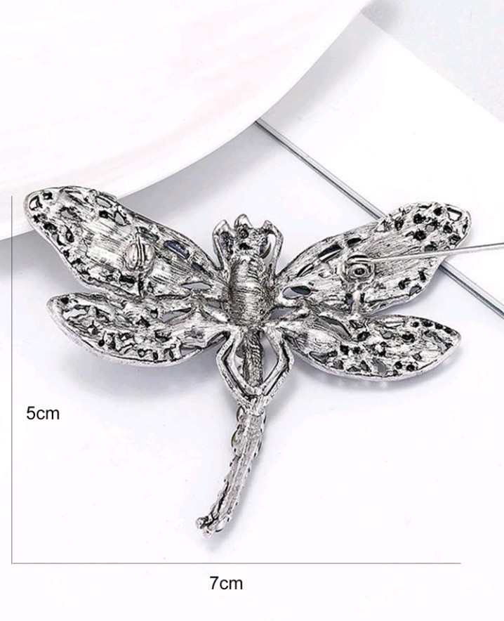Silver Plated Zinc Dragonfly Brooch Blue and Black CZ