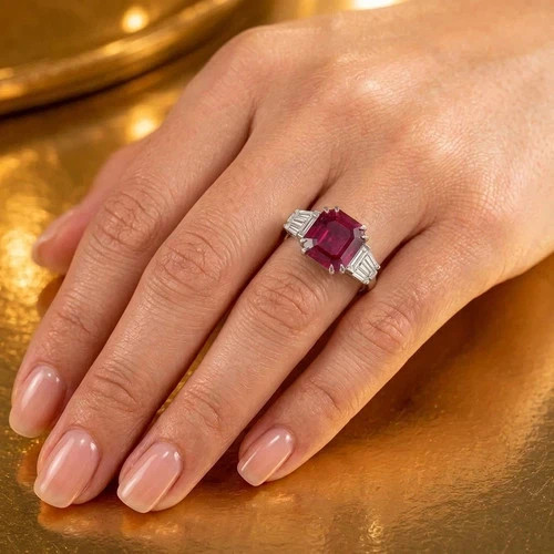 5.80 Ct Asscher Cut Natural Red Ruby & Diamond Engagement Ring 14K White Gold