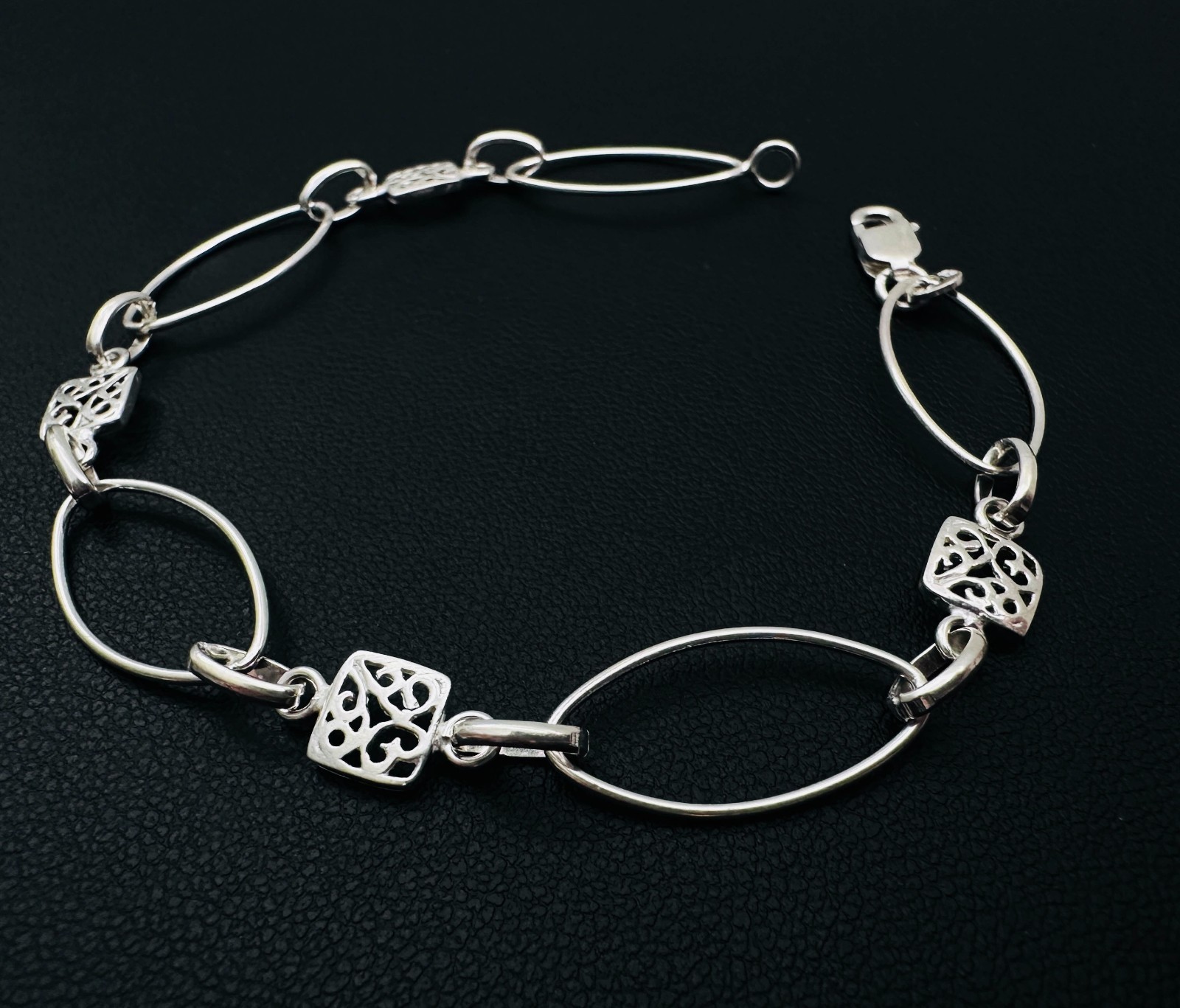 925 Sterling Silver Oval & Square Filigree Links Bracelet 6-10mm, 7 1/4″