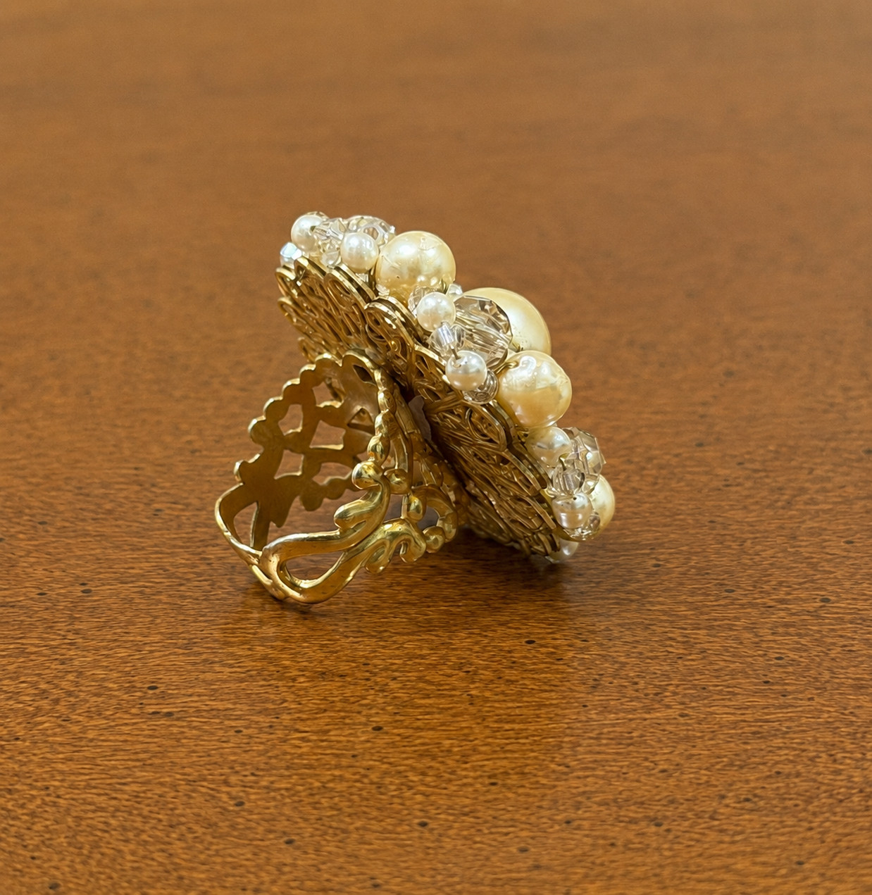 Signed Vintage Miriam Haskell Faux Pearl & Crystal Statement Ring Cocktail Ring