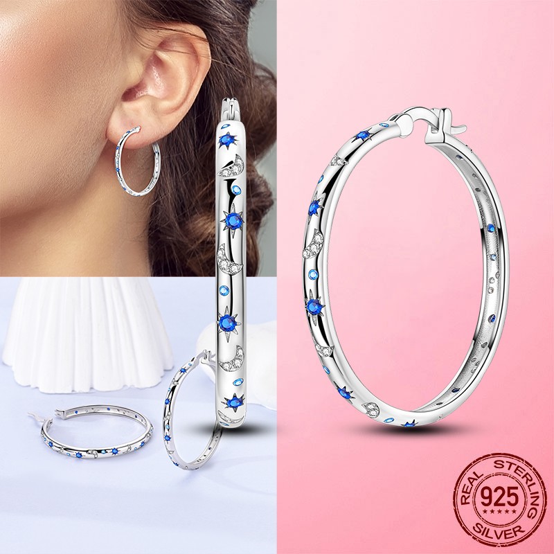 LAZA 925 Sterling Silver Women Hoop Earrings Sparkling Starry Night Moon Blue CZ