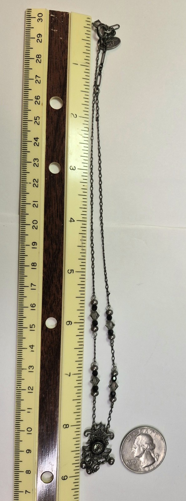 Vintage LIZ PALACIOS Necklace Dainty Crystal Pearl Black & Grey Delicate Signed
