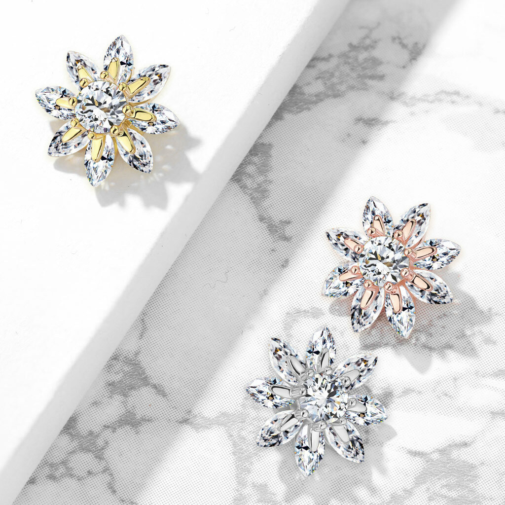 13 mm Marquise CZ Petal Flower Internally Threaded Dermal Anchor Tops 14G