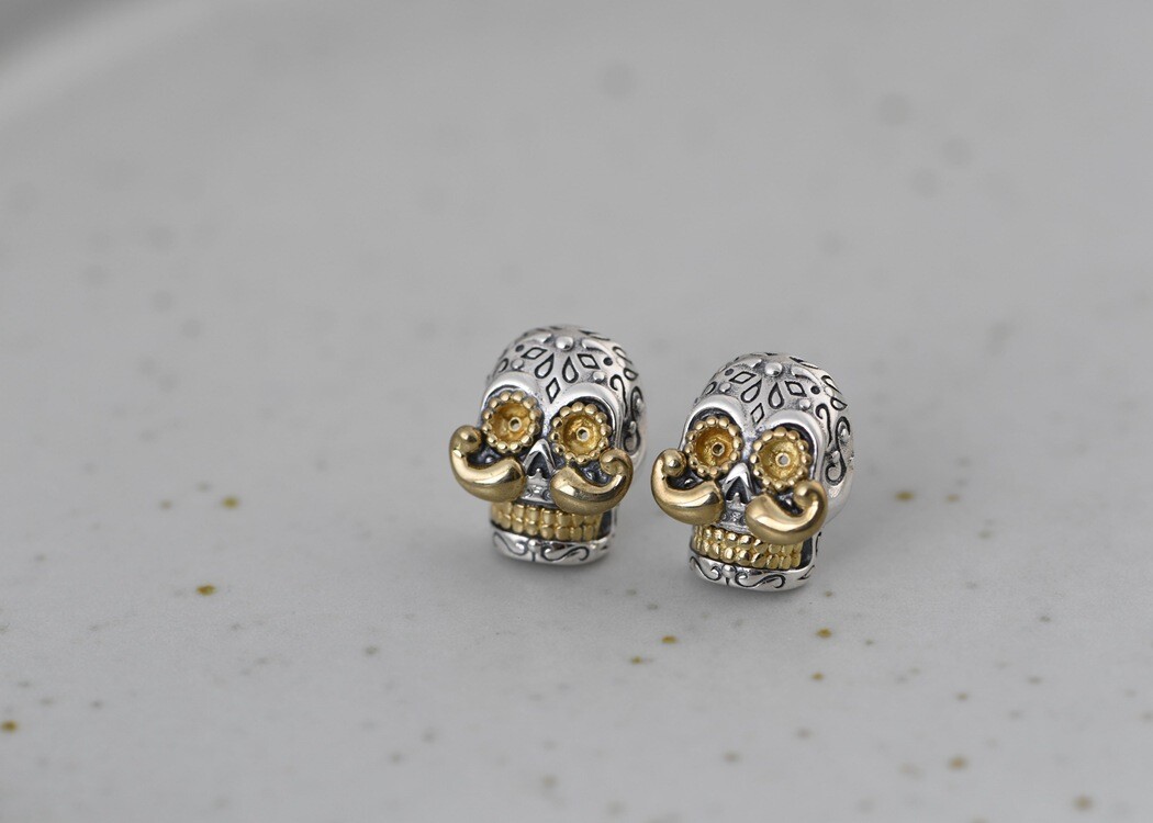 Sterling Silver Sugar Skull Earrings Copper Mustache Studs Day of Dead Jewelry