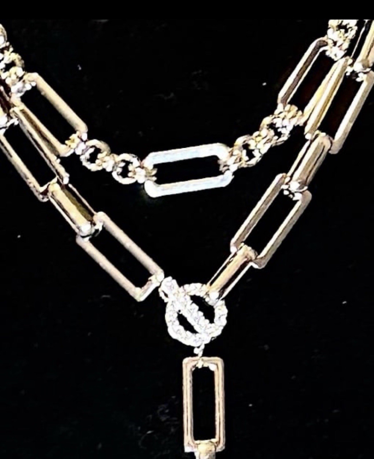 Silver Y Necklace 18″ Crystal Pavé Circle Front Closure Double Layered Link
