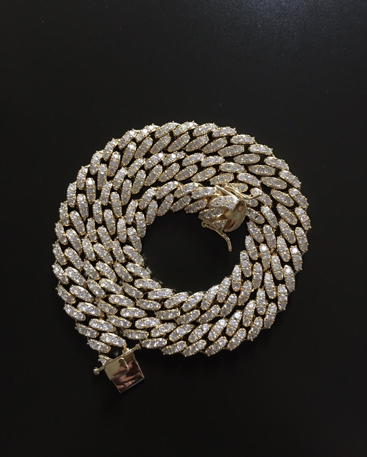 Gold Miami Cuban Link Chain 24in 12mm with Man Made Diamonds 14k Gold Over Steel