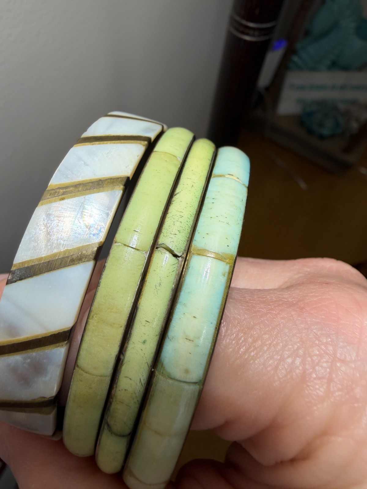 Vintage 1970s Brass Bangle Stack Mother of Pearl Dyed Bovine Inlay Boho Green
