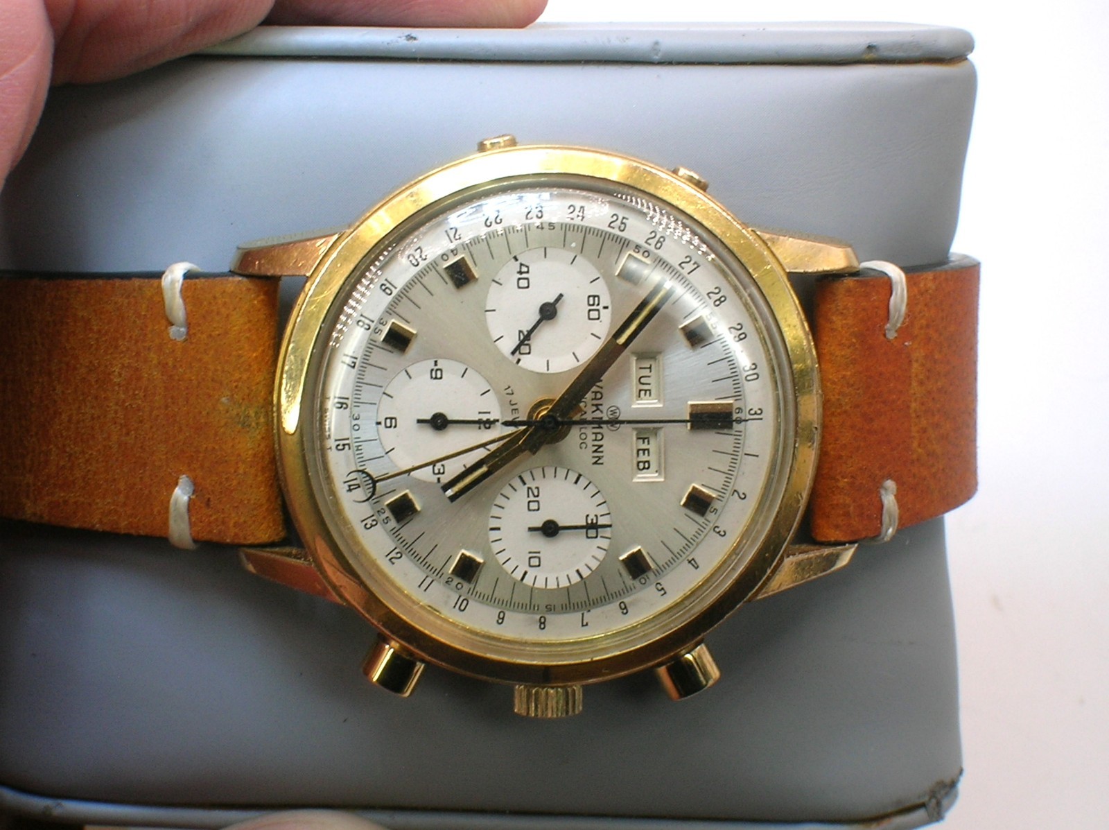 WAKMANN JUMBO TRIPLE DATE CHRONO VALJOUX 730-WORKING-SMALL PUSHER HEAD MISSING