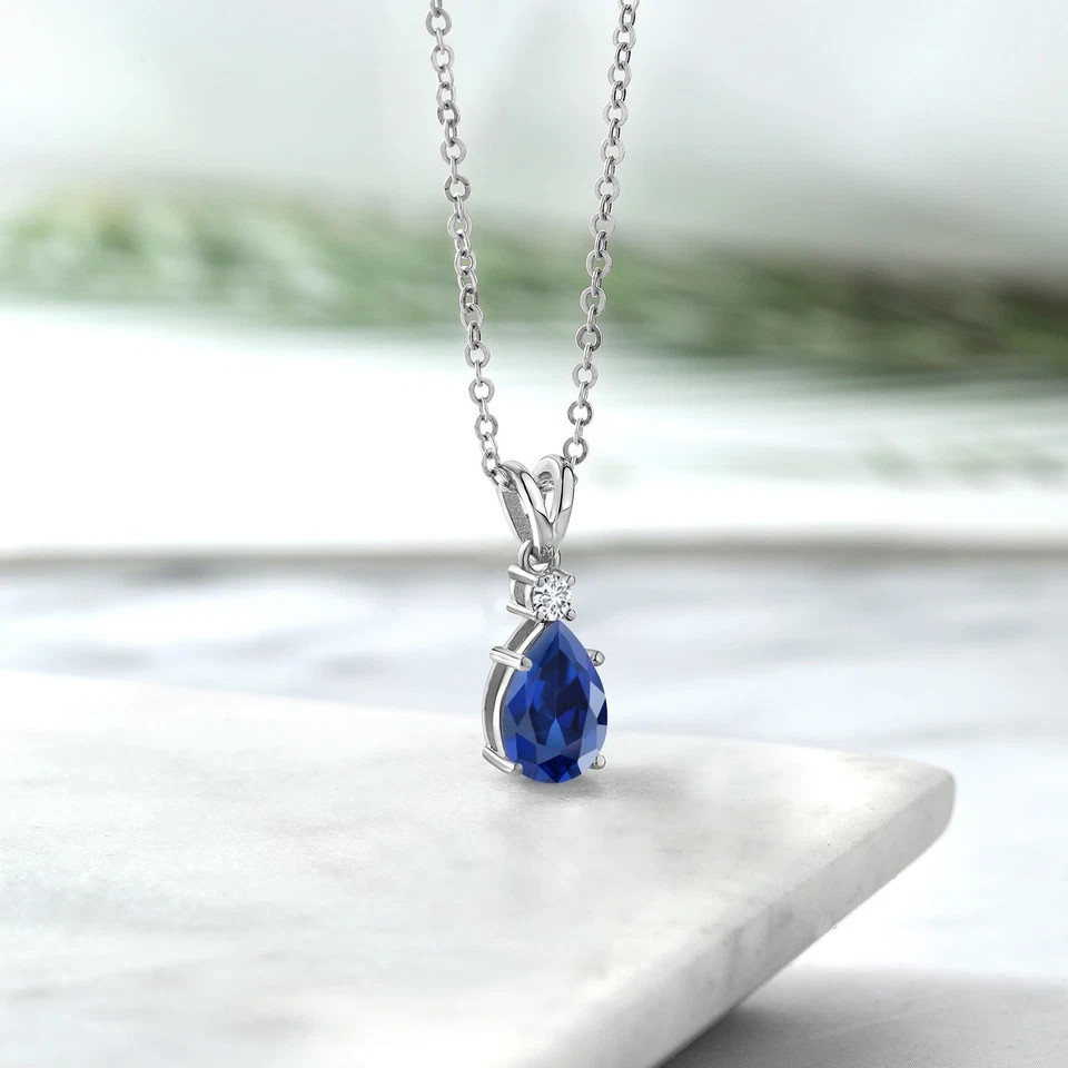 14K White Gold Plated Sapphir &Lab Created Diamond Pendant Necklace For Women