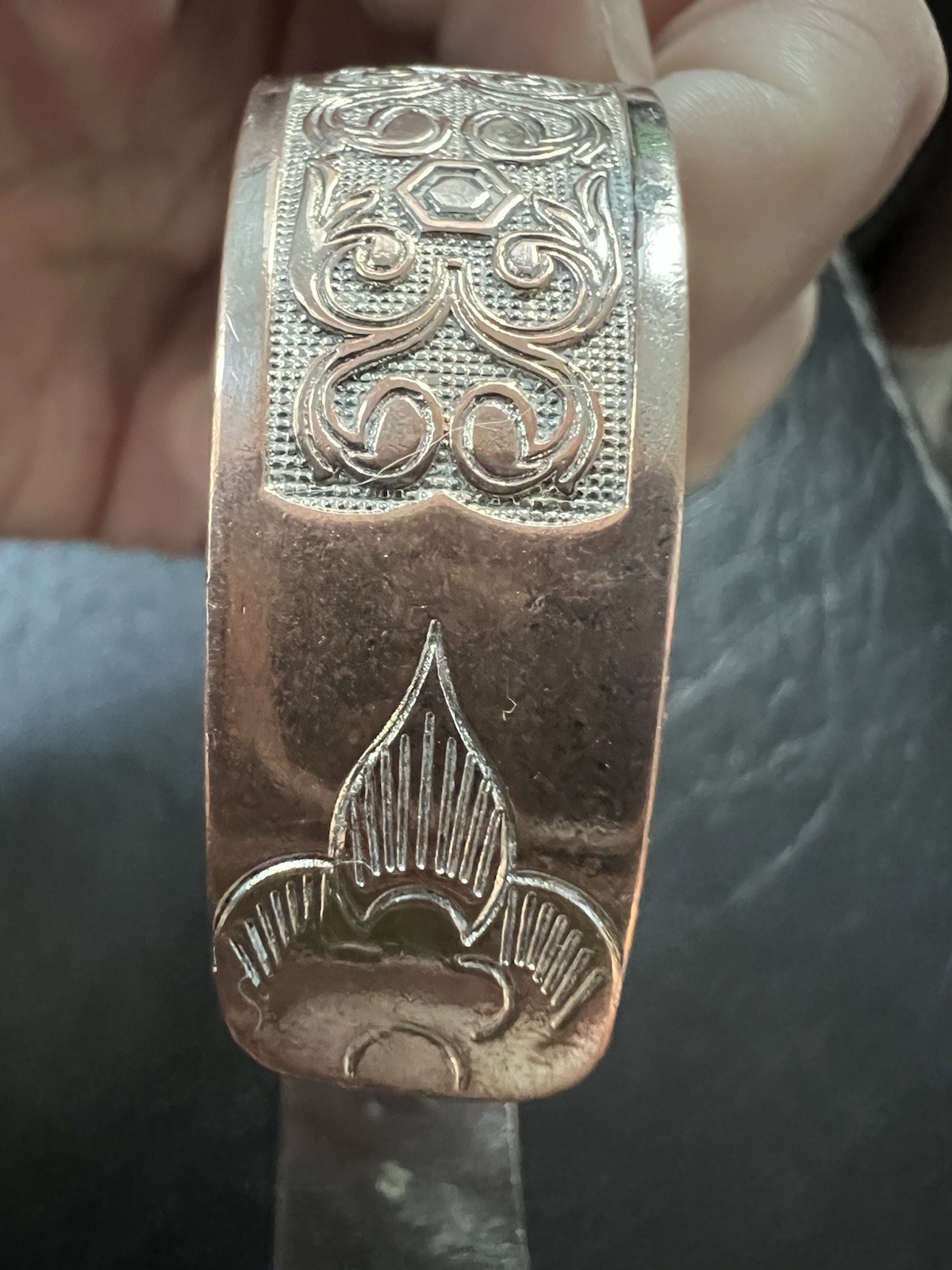 Wide Silver Tone Engraved Cuff Bracelet Floral Scroll Honeycomb Boho