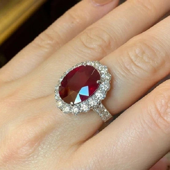 6.8 Ct Oval Cut Natural Ruby Diamond Engagement Wedding Ring 14K White Gold Over
