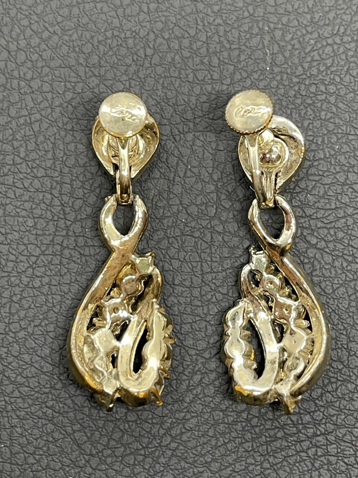 Coro Iconic MCM Channel Set Baguette Green White Rhinestone Screw back Earrings