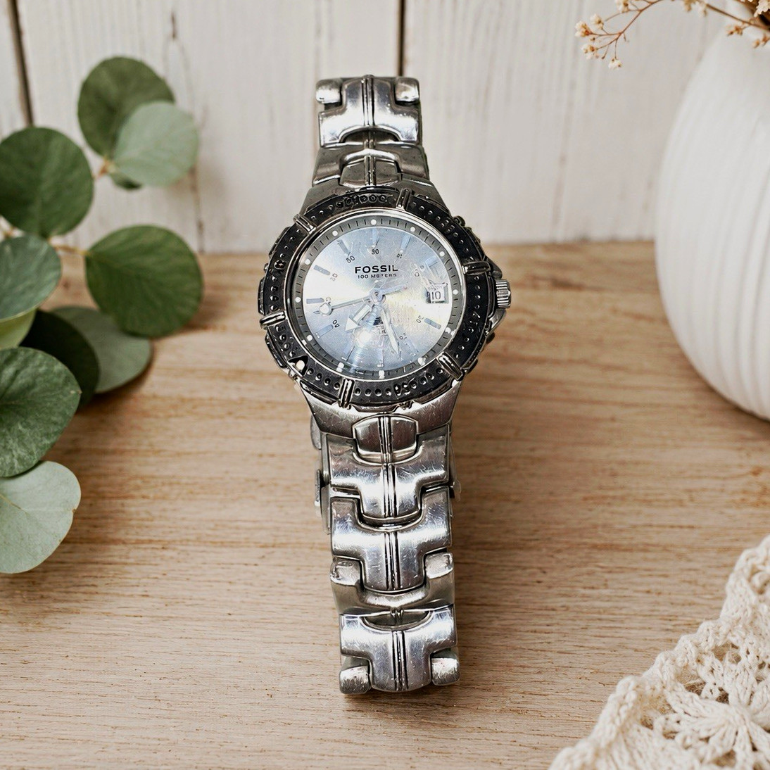 Vintage Fossil Green Dial Stainless Steel Women’s Quartz Watch Date Silver Tone