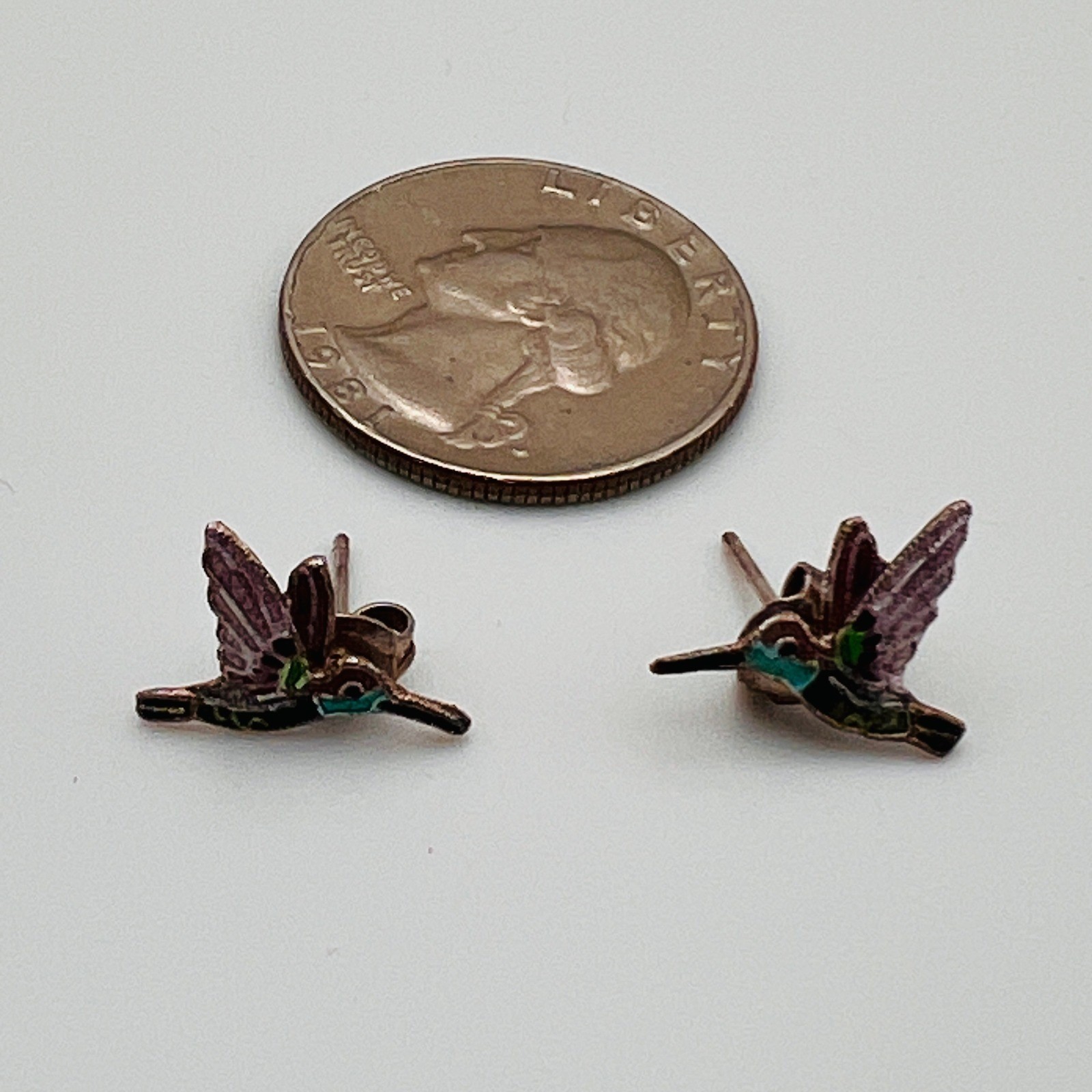 Vintage Enamel Hummingbird Stud Earrings Multi Color Silver Tone Bird Jewelry