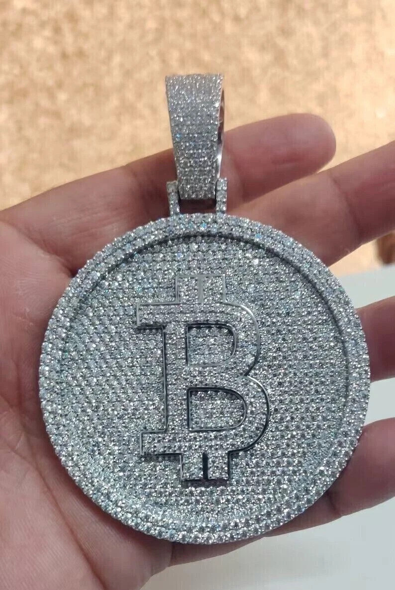 Men’s 2Ct Natural Moissanite Bitcoin Pendant 14K White Gold Plated Silver