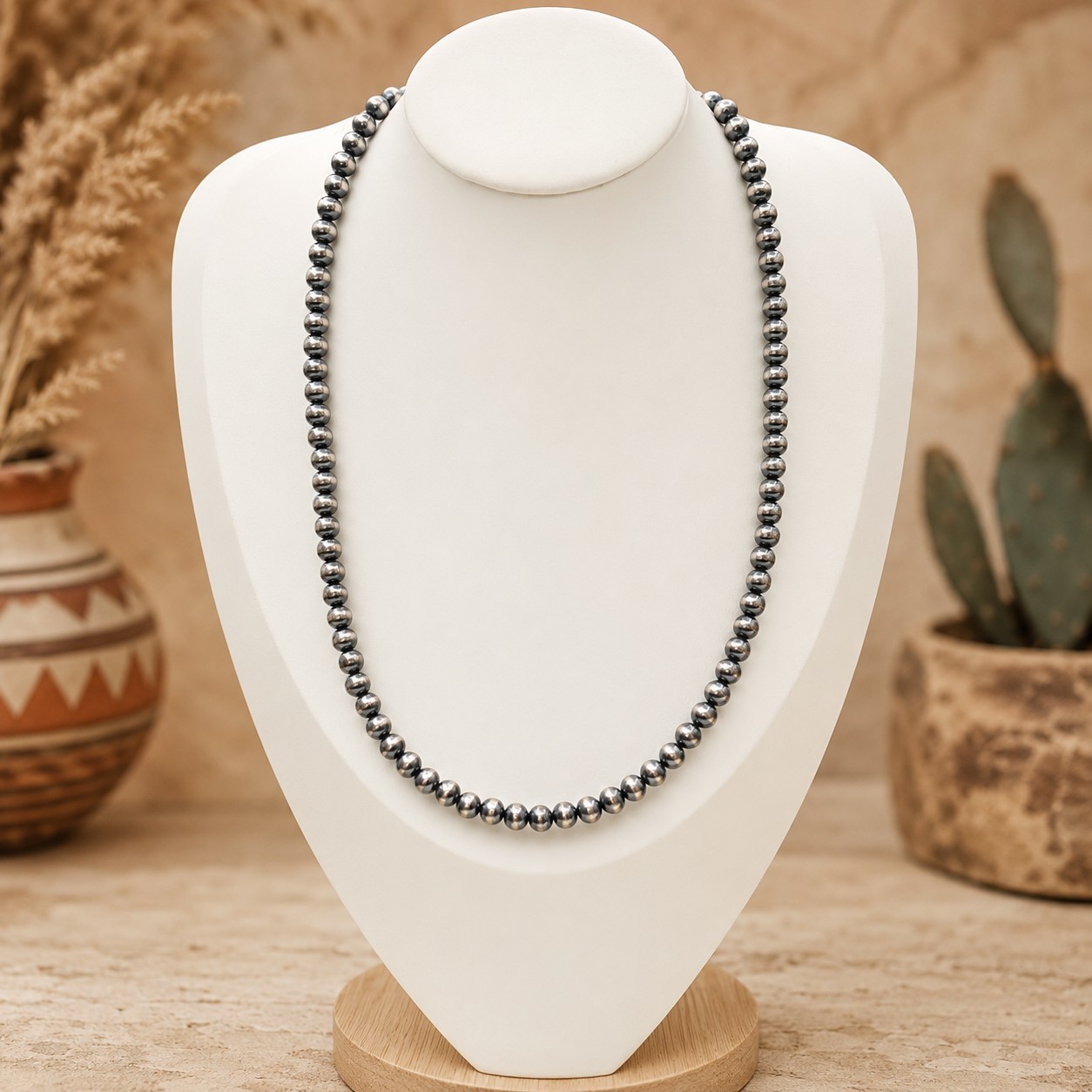 Navajo Style Pearl Beaded Necklace 6mm Silver Plated 20” NWT