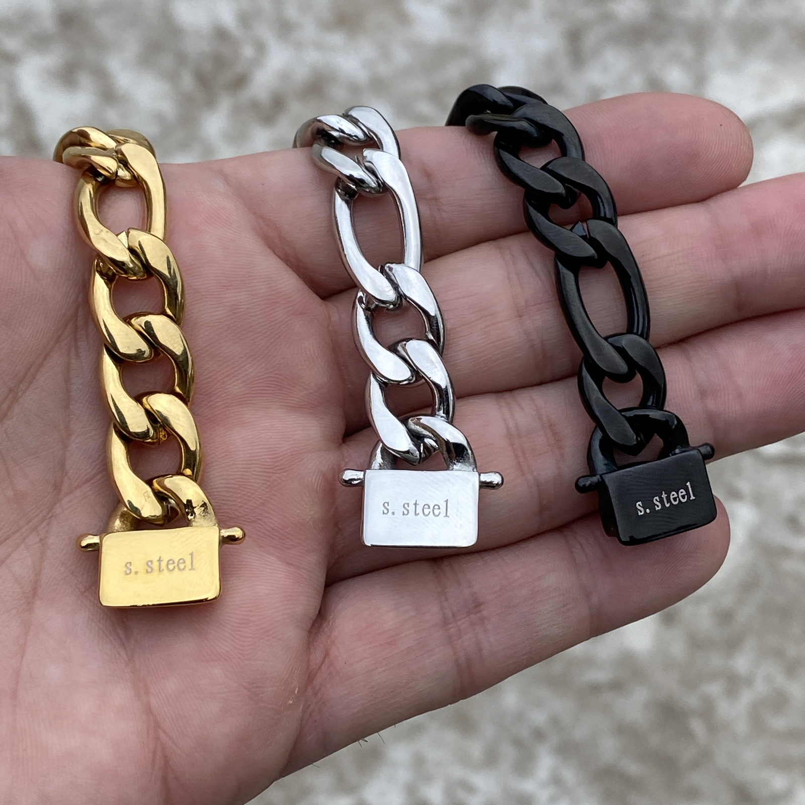 Stainless Steel Figaro Bracelet 24k Gold Plated, Silver, or Black 8.5″ 12 MM