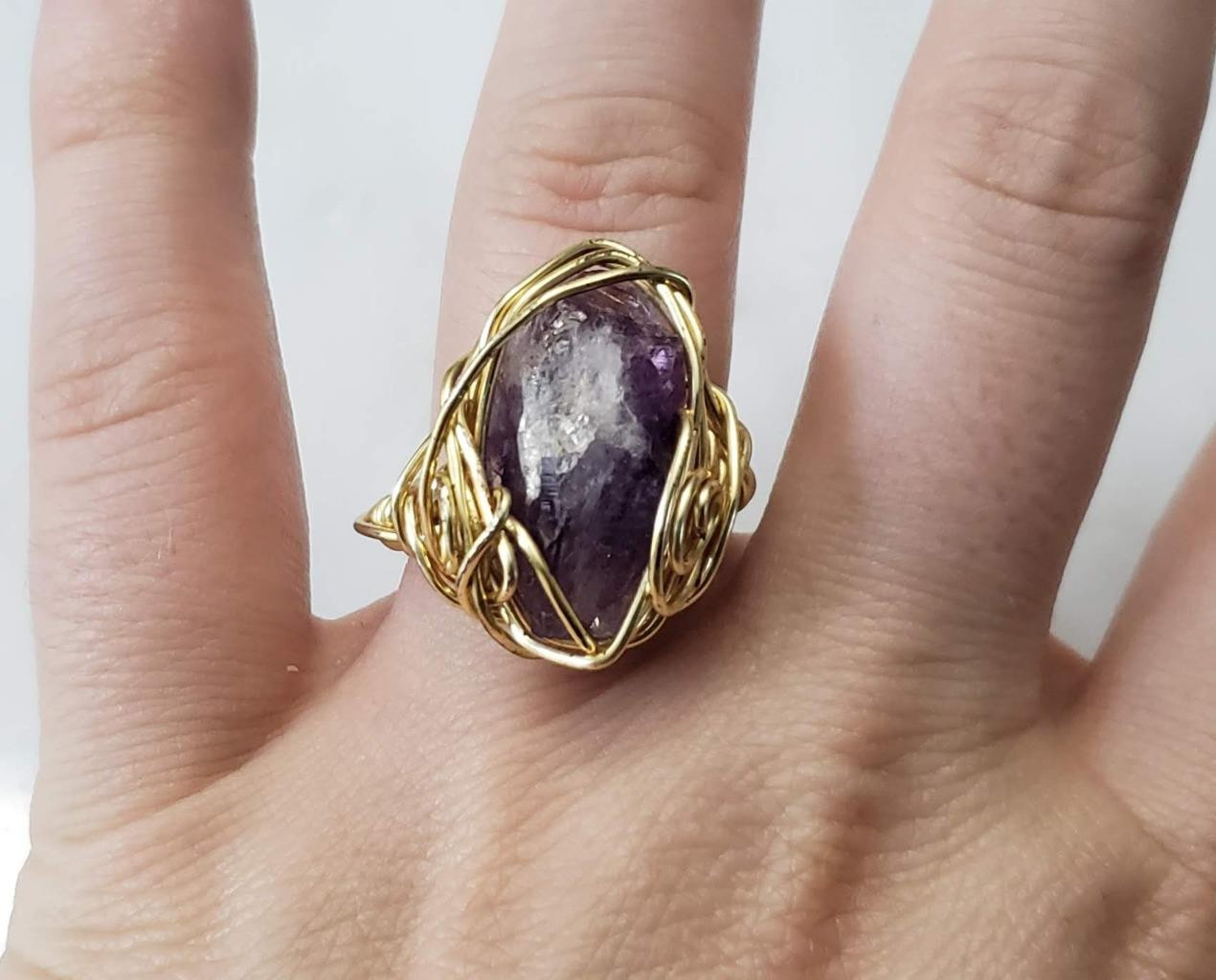 Handcrafted Gold Filled Wire Ring w/ Raw Purple Quartz Stone ~ Sz 7.75 ~ 2-F291