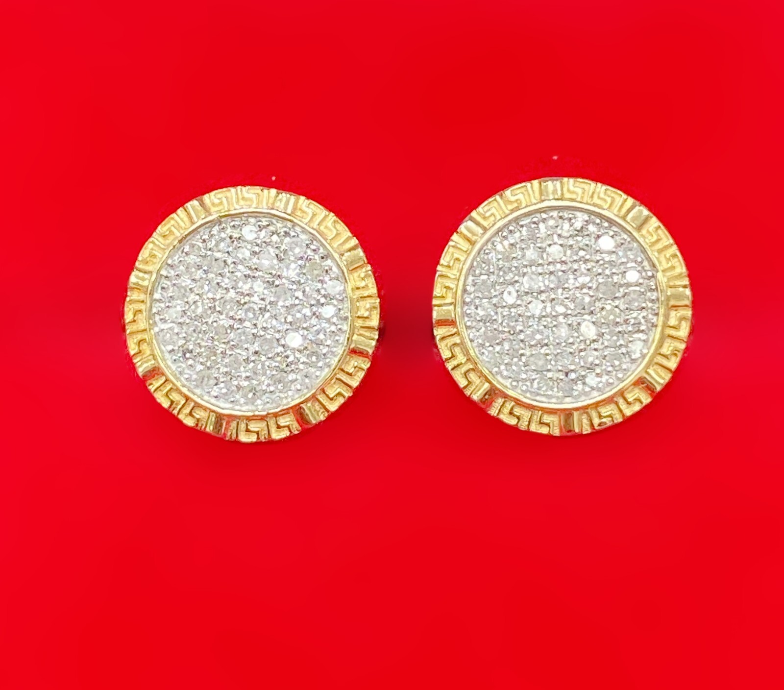 10K Yellow Gold Genuine Natural 0.25ctw Pave Diamonds Studs Earrings 10.8mm