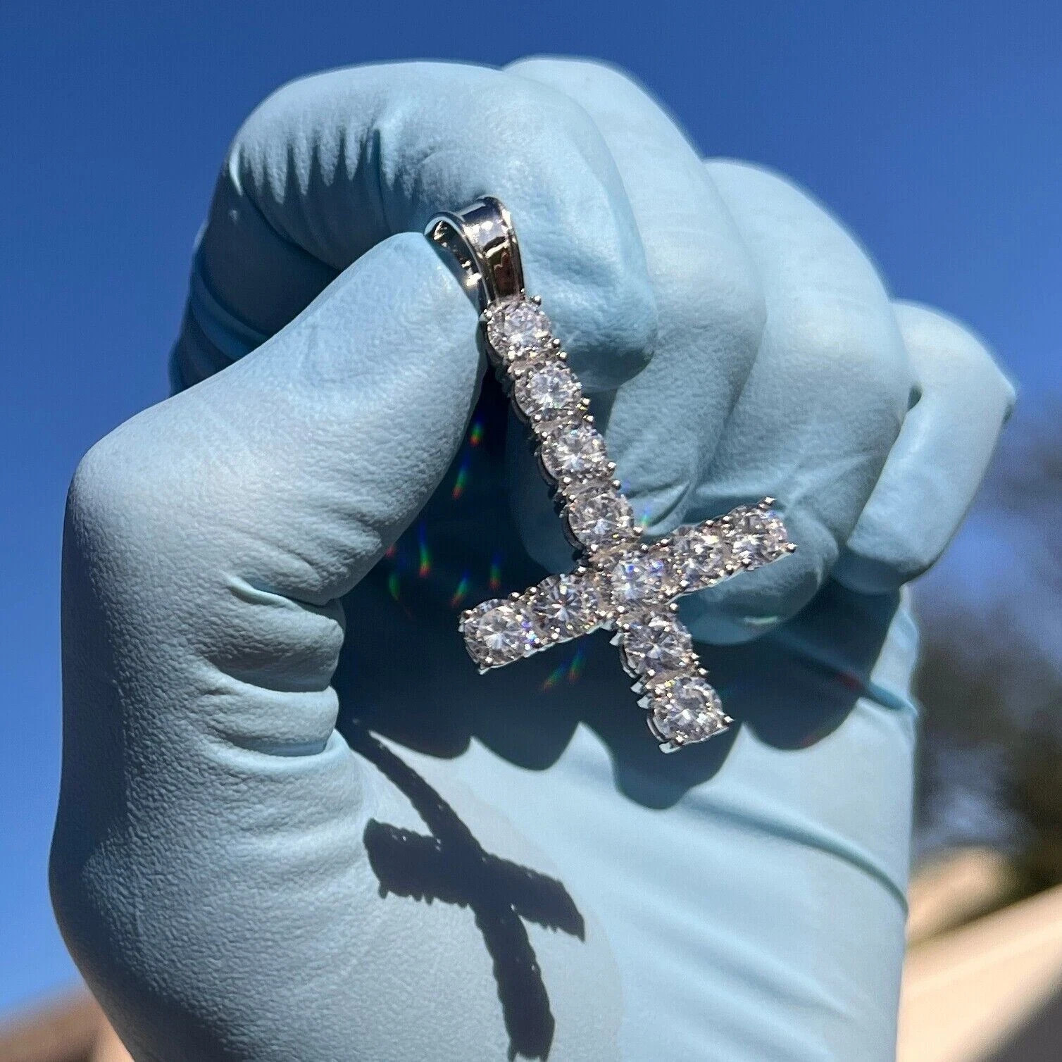 2.00Ct Round Cut Real Moissanite Cross Pendant 14K White Gold Plated Free Chain