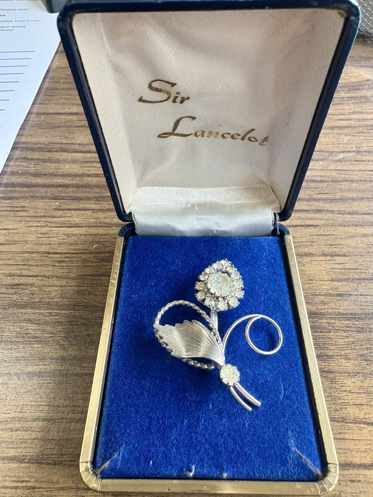 Vintage Sir Lancelot Rhinestone Brooch Silver Tone W/Box