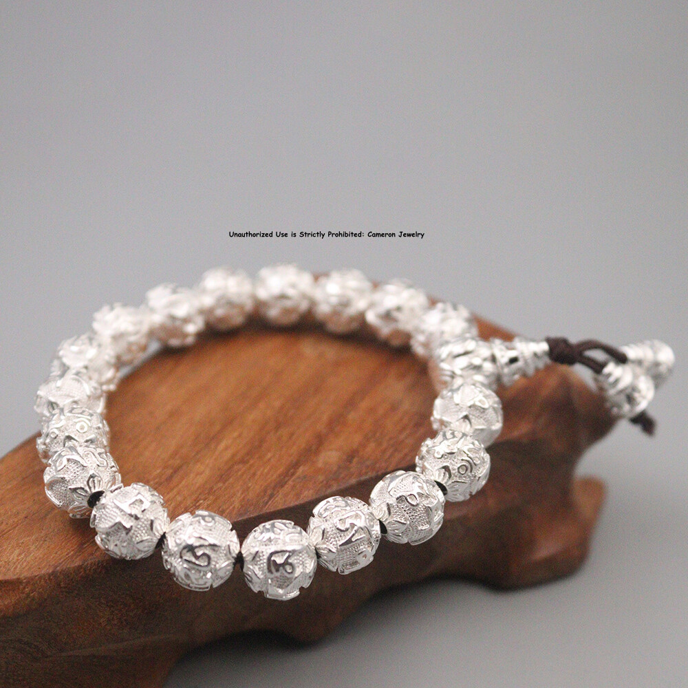 Pure S999 Fine Silver 999 Bangle 10mm Six Words Round Beads Bracelet 46-47g