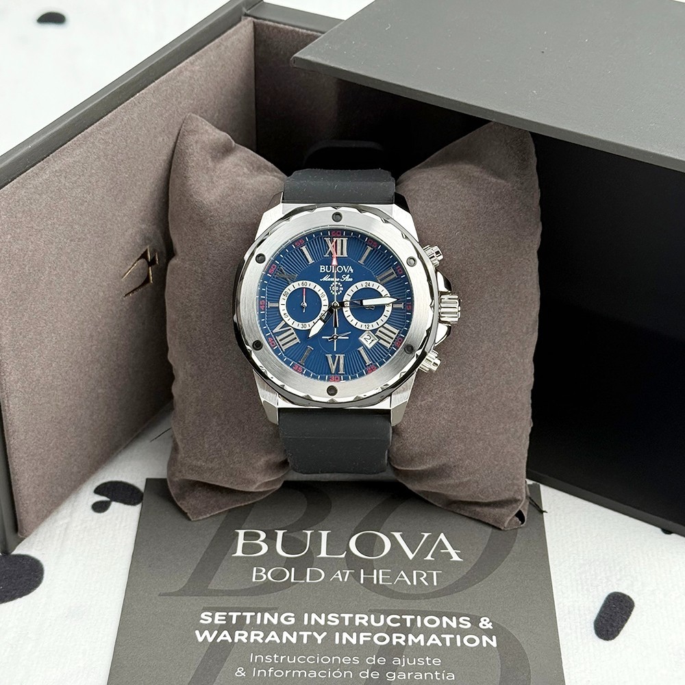 Bulova 98B258 Marine Star Men’s 44mm Blue Dial Rubber Strap Quartz Watch