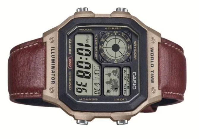 Casio Standard Digital World Time Leather Strap Quartz AE-1200WHL-5AV 100M Men S
