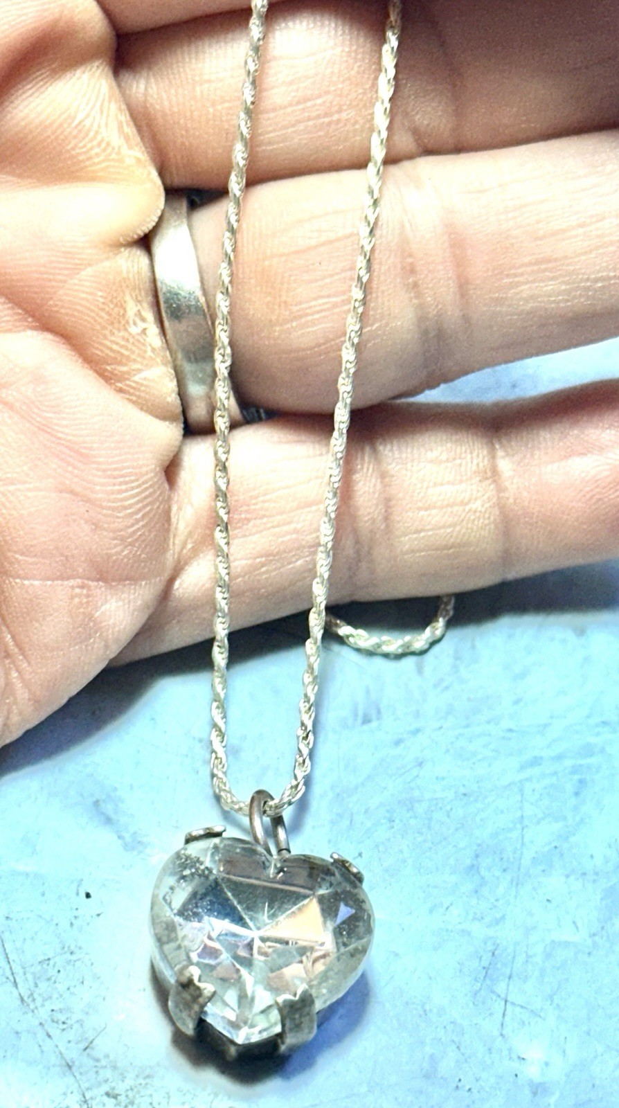 1970s Vintage Silver Tone Heart Crystal Pendant Necklace, Signed TONIC