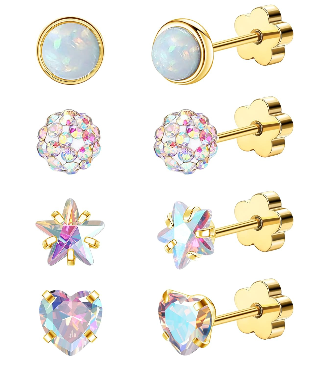 4Pairs Hypoallergenic Flat Back Earrings for Women 14K Gold Cartilage Earring fo