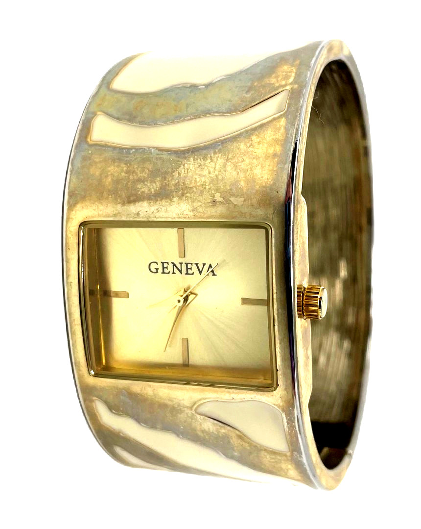 Womens Wristwatch Bracelet Open Cuff Hinge Gold Dial Two Tone Geneva