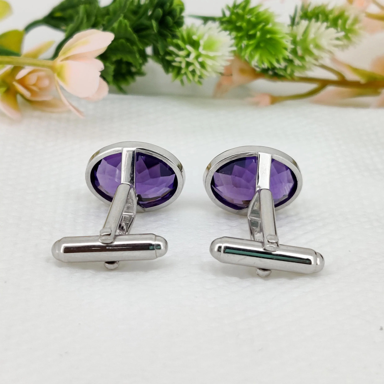 Natural Amethyst Silver Cuff Links for Men 12×16 mm Oval Gemstone Cuffs for him