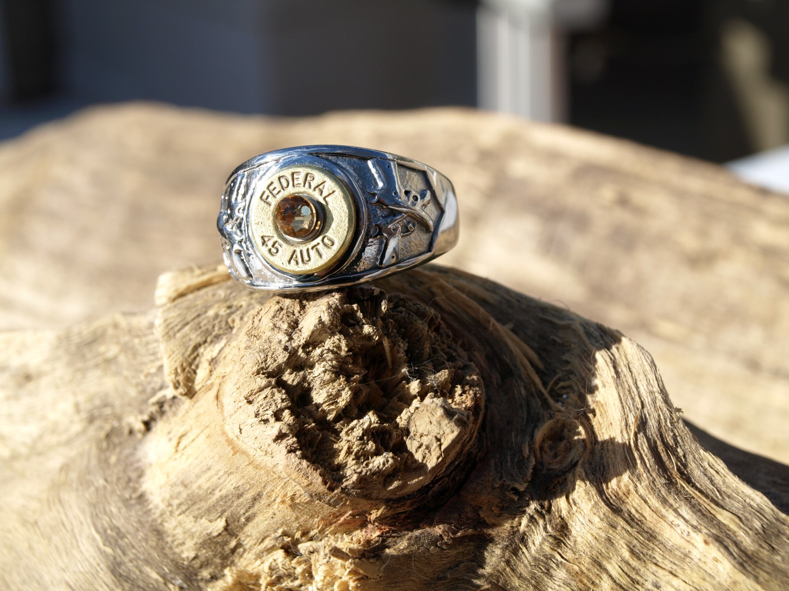 Stainless Steel Brass 45 Bullet Ring w/ Guns and Optional Glass Crystal