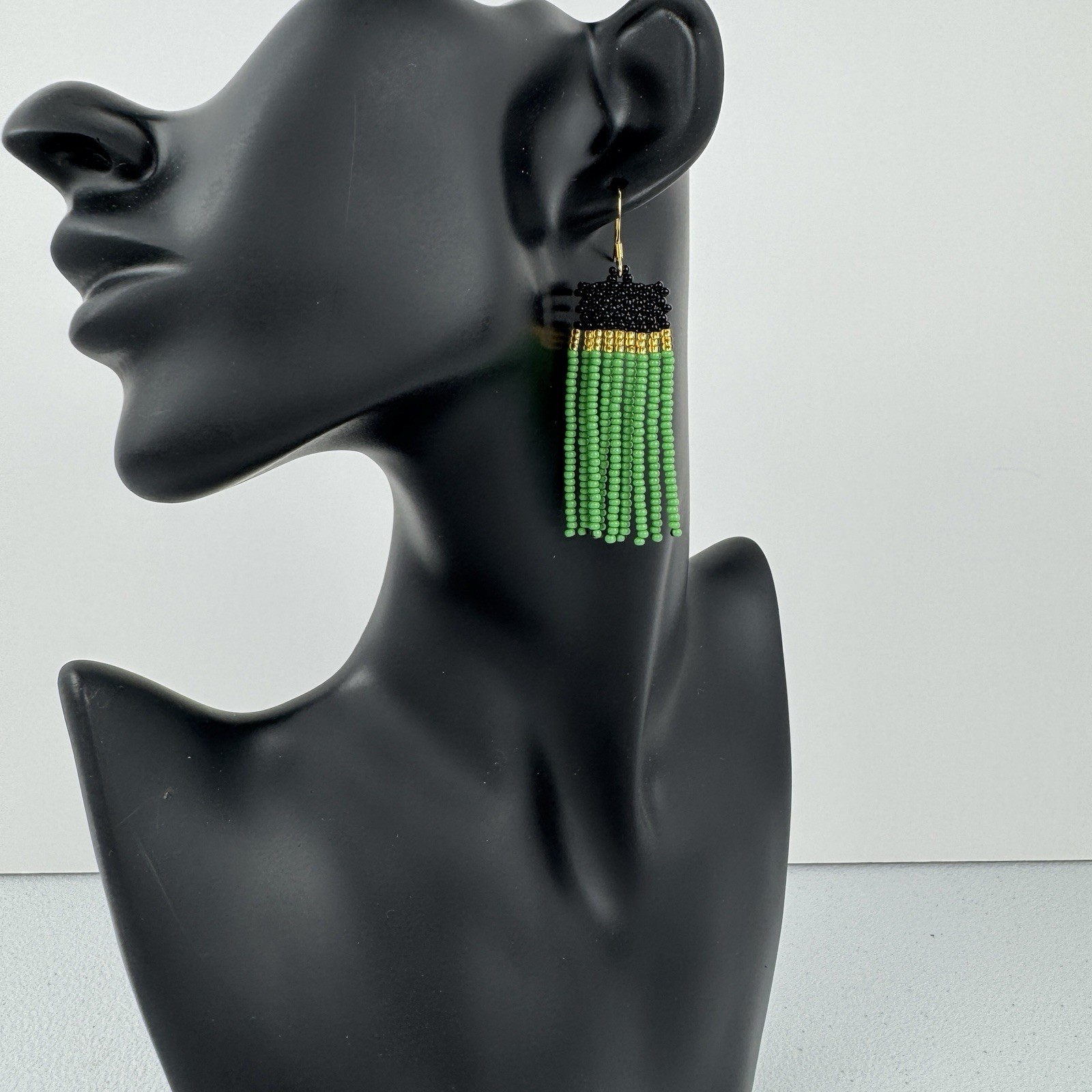 Jamaican Flag Beaded Earrings – Handmade Green, Black & Gold Fringe Dangles