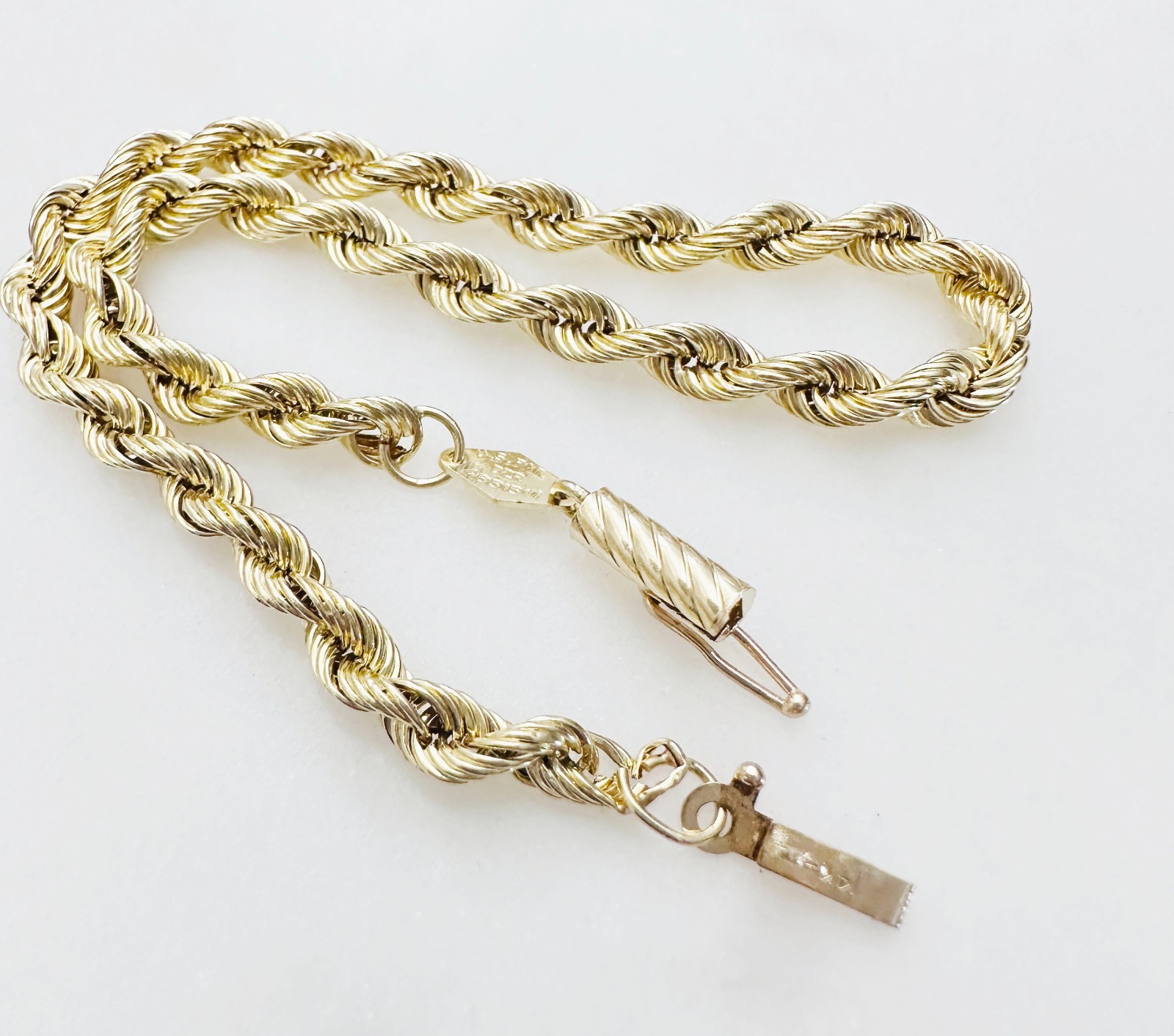 Solid 14K Yellow Gold Classic Rope Link Bracelet w/Safety Latch 3.7mm, 8″, 2.2g