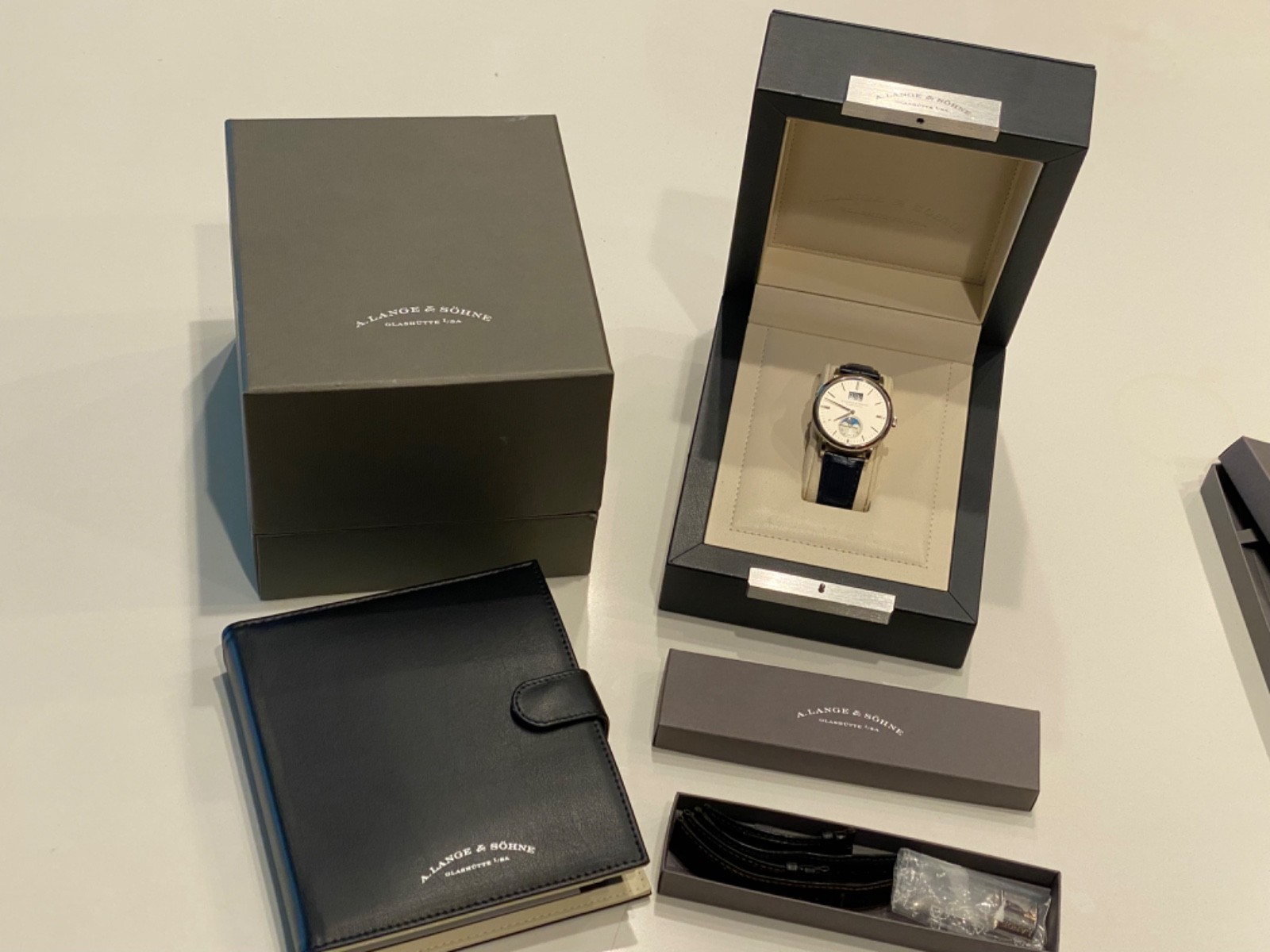 A LANGE & SOHNE SAXONIA MOONPHASE WHITE GOLD BOX/PAPERS 384.026 $40K NEW RETAIL