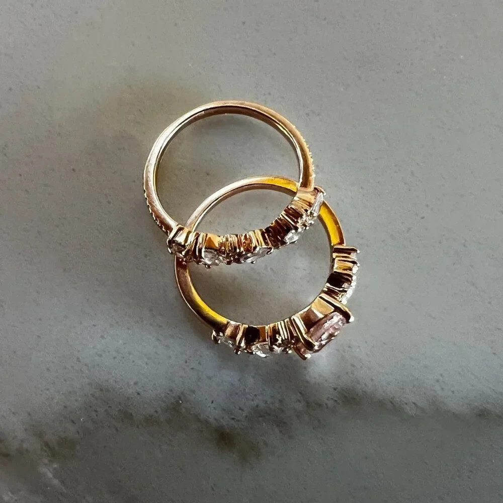 Bridal Set – 2 Morganite + Diamond Cluster Rings, 14K Rose Gold, Luna Skye