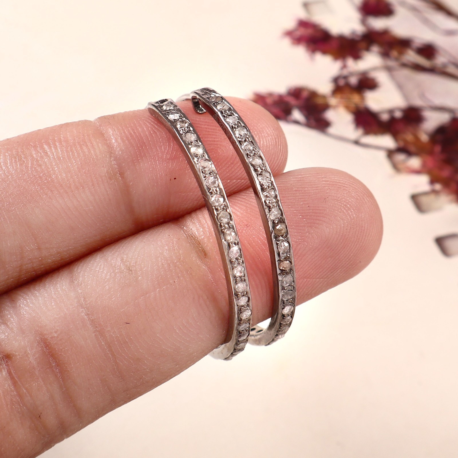 1.45ctw Natural Rose Cut Diamond Hoop Earrings 925 Sterling Silver Handmade