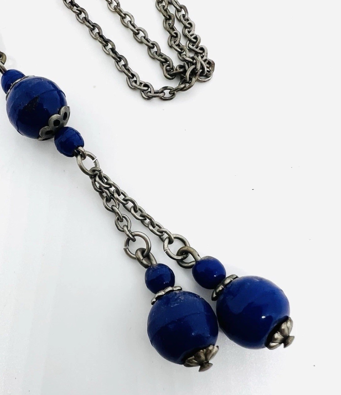 Long Art Deco Lapis Glass Beaded Sautoir Necklace 30 Inch Vintage Jewelry