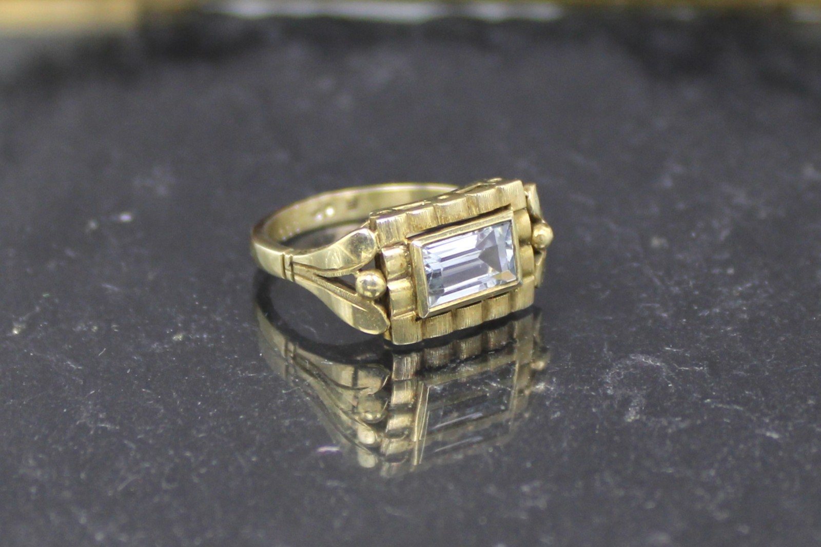 Art Deco Blue Topaz Silver Ring, Gold Plated, Circa 1930
